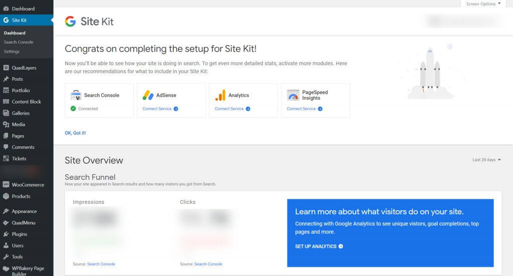 Google Site Kit WordPress - แดชบอร์ด ui