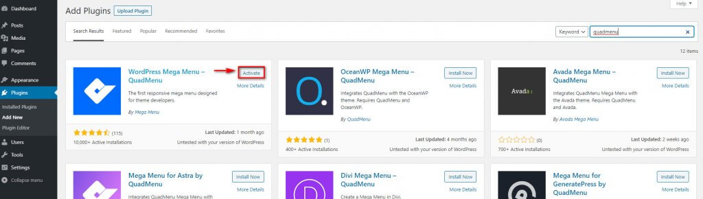 Cómo agregar un mega menú en su sitio de WordPress - quadmenu activar