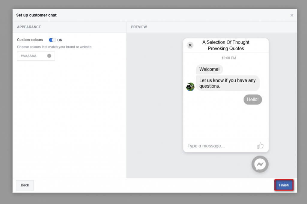 WordPress Messenger Chat - bouton Terminer