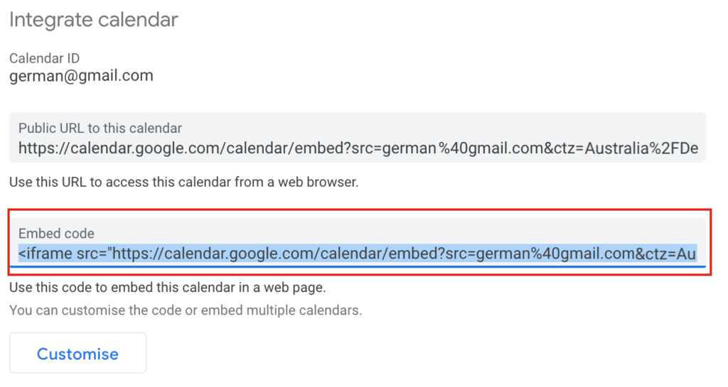 Añadir Google Calendar a WordPress - Código de inserción