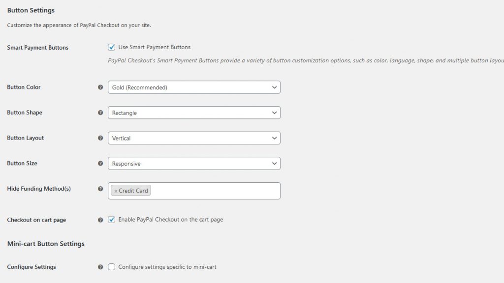 woocommerce paypal - setări butoane