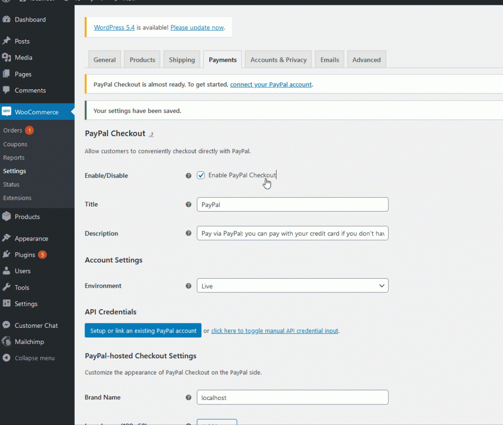 woocommerce paypal - salvați setările