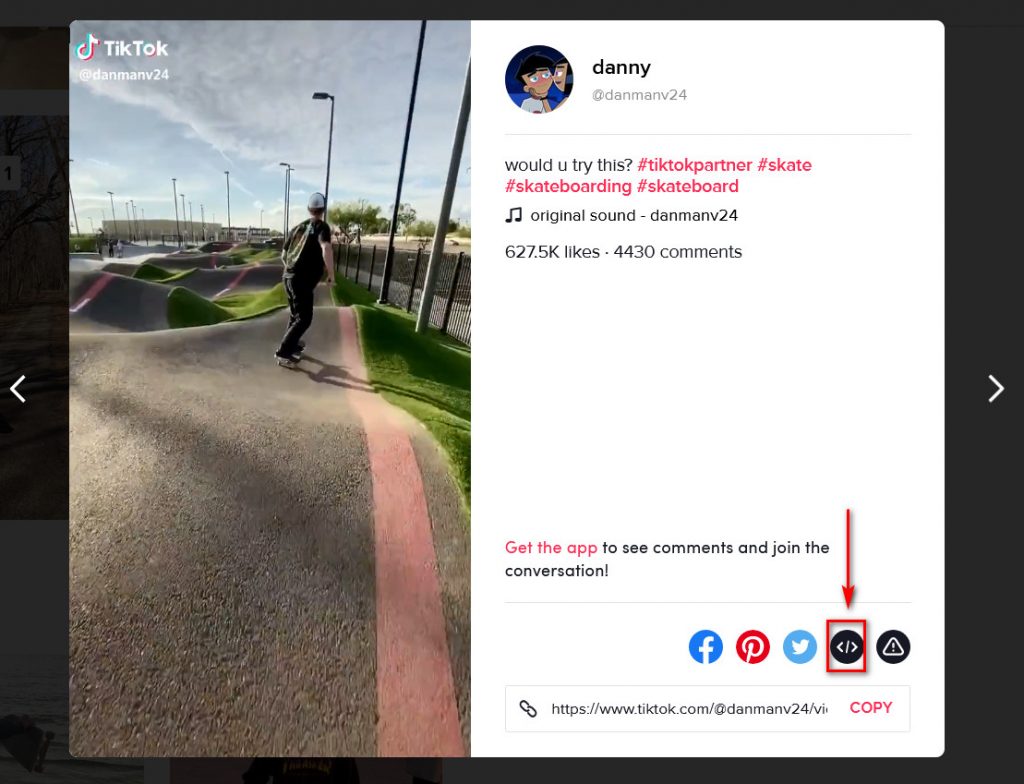 cómo incrustar videos de tiktok en WordPress - botón de incrustación