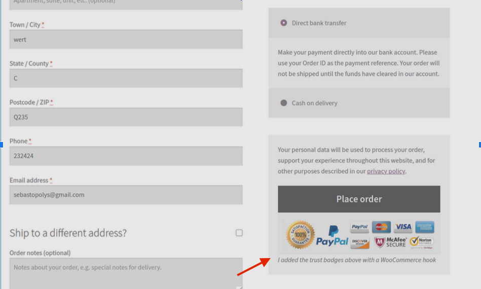 WooCommerce 체크아웃 후크 - trust-badge-checkout