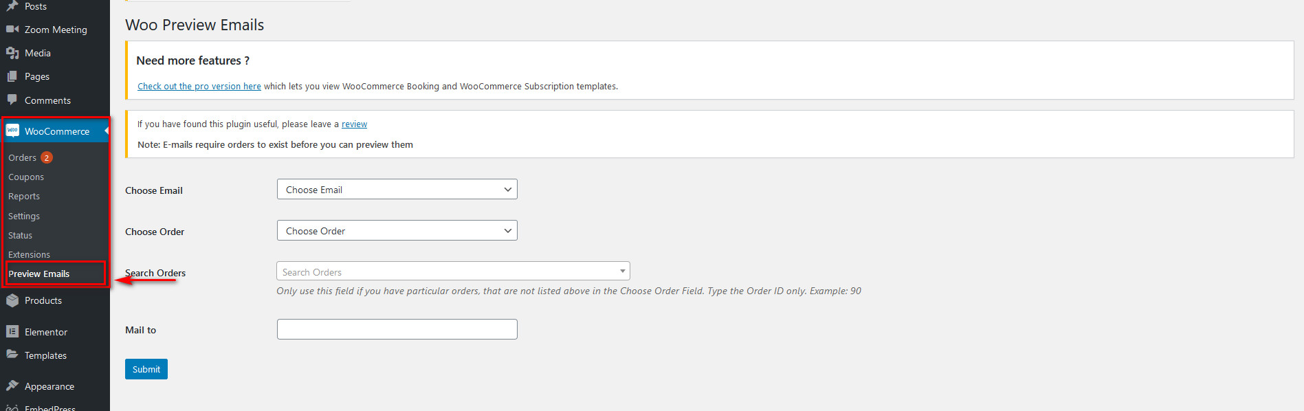 prova i modelli di posta elettronica woocommerce - interfaccia plug-in