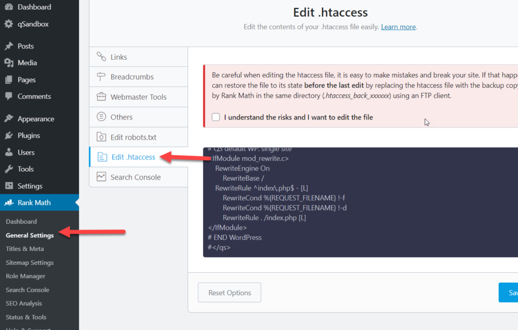 Correggi il file htaccess in WordPress con Rank Math