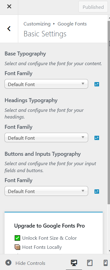 ajouter des polices google à wordpress - paramètres de base de Google Fonts