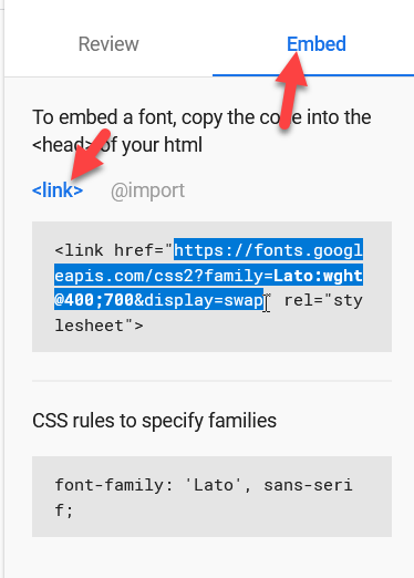 tambahkan font google ke wordpress - metode Sematkan