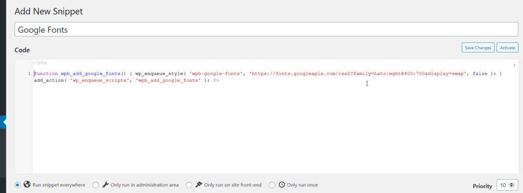 ワードプレスにグーグルフォントを追加-スニペットを追加
