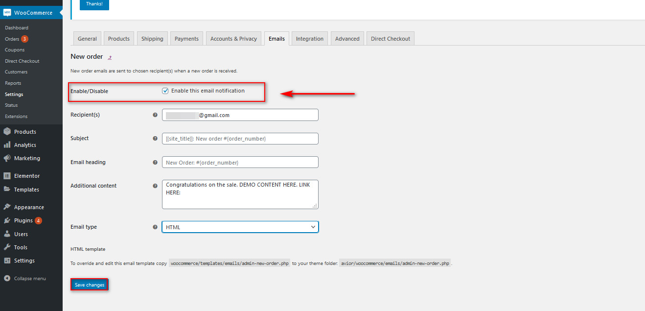 woocommerce no envía correos electrónicos: habilite esta notificación