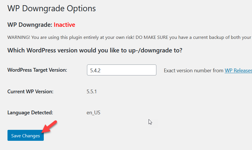 eseguire il downgrade della versione wordpress