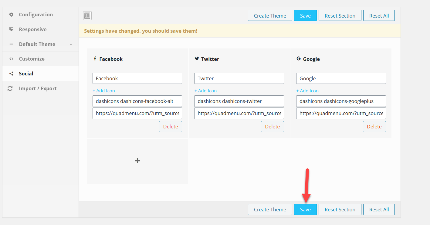 enregistrer les paramètres du plugin quadmenu