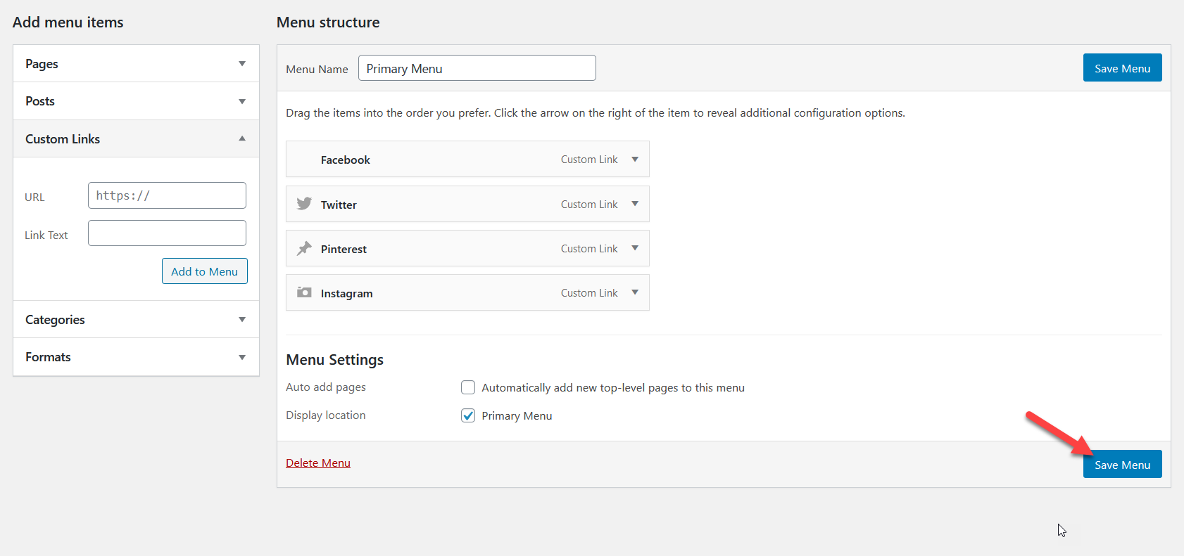 Ajouter des icônes de médias sociaux au menu WordPress - Icônes du menu WP Enregistrer le menu