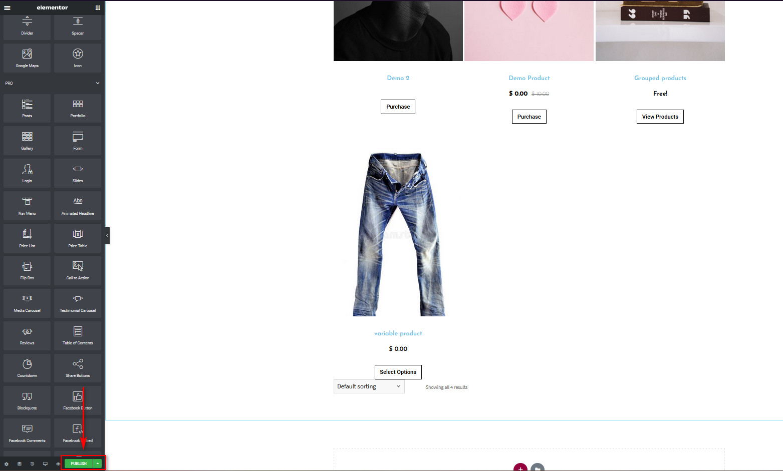 Страница магазина WooCommerce в Elementor — кнопка публикации