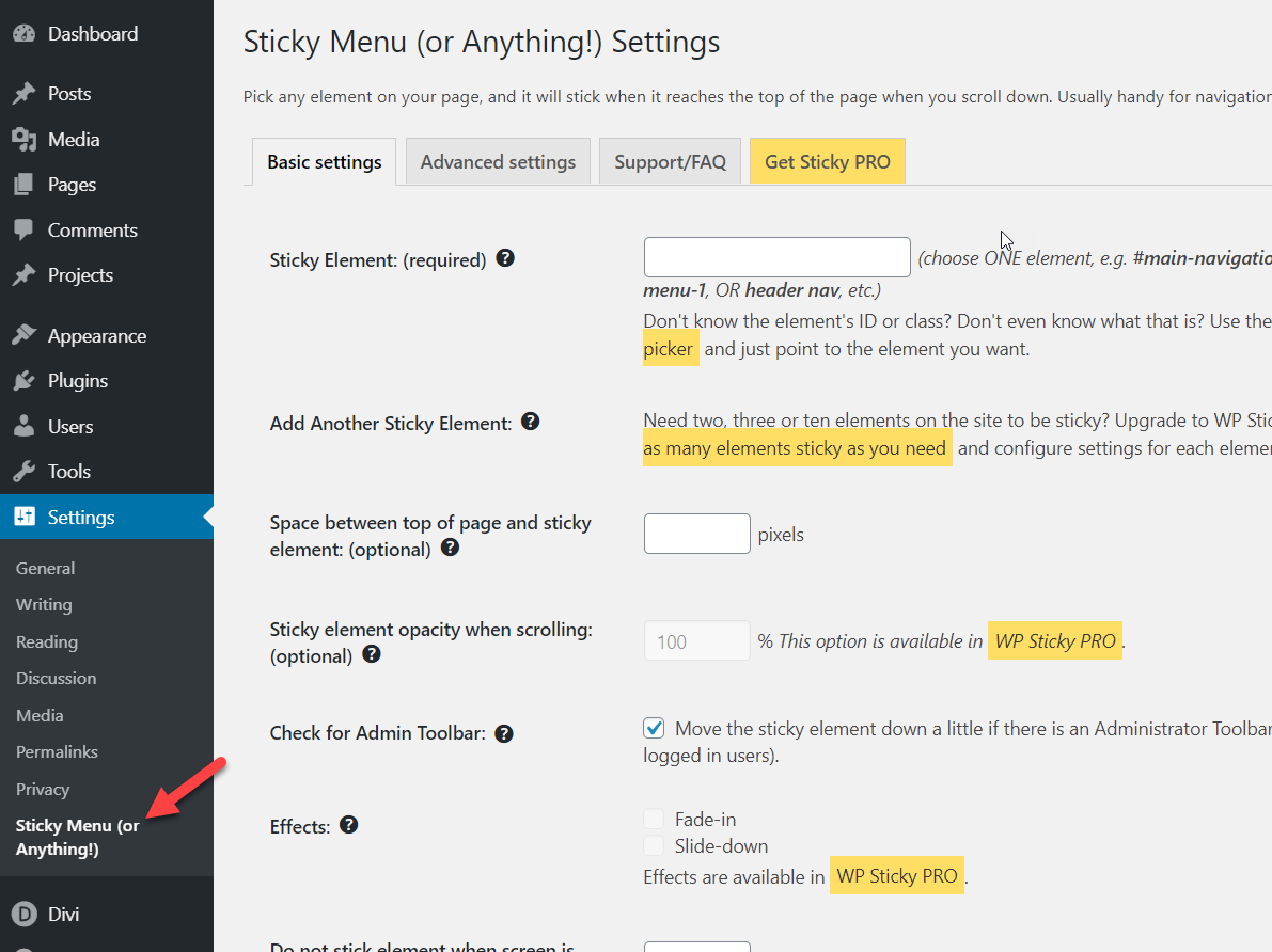 tornar qualquer elemento divi pegajoso - configurações de menu pegajosas