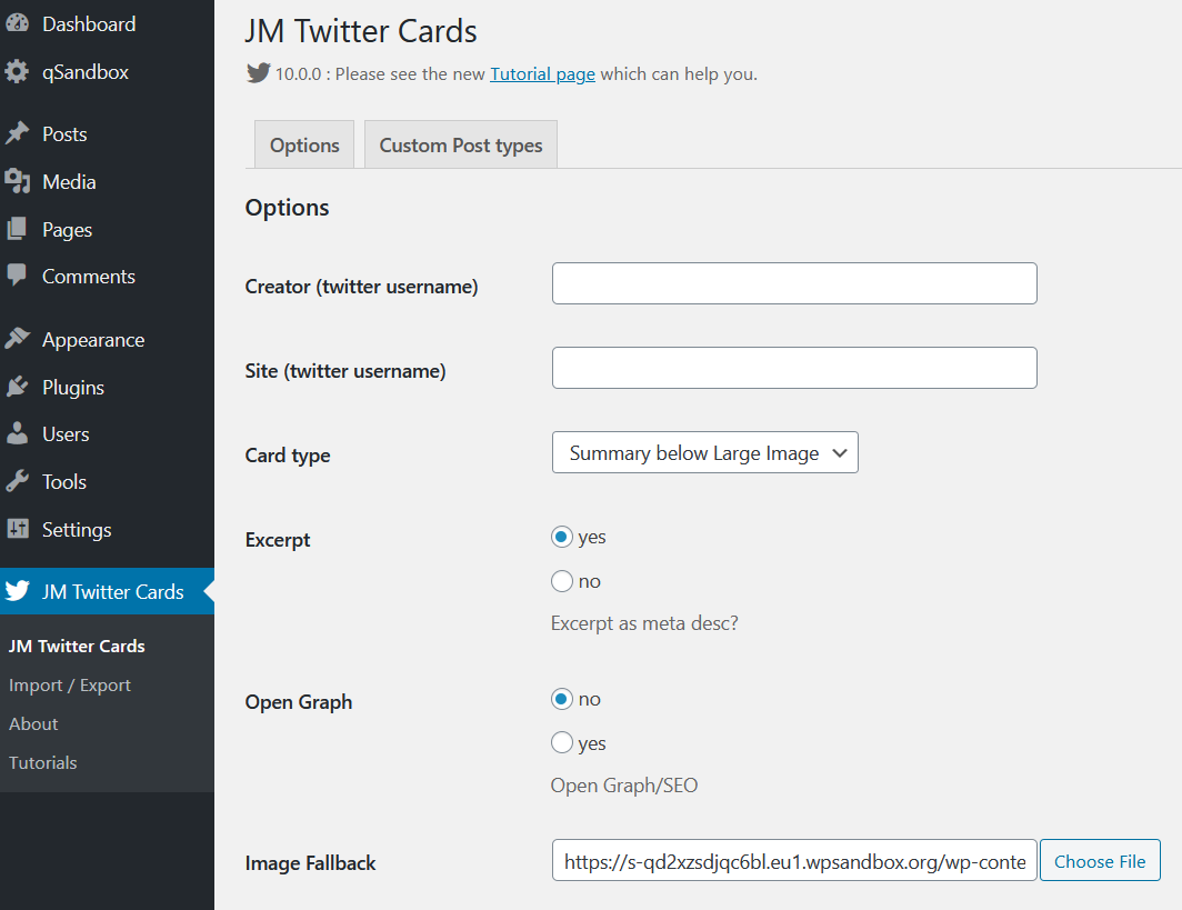 impostazioni del plug-in delle carte jm twitter