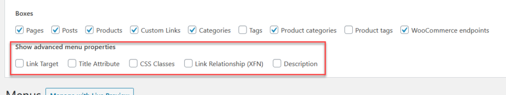 Aggiungi categorie di prodotti WooCommerce al menu - Proprietà menu avanzate