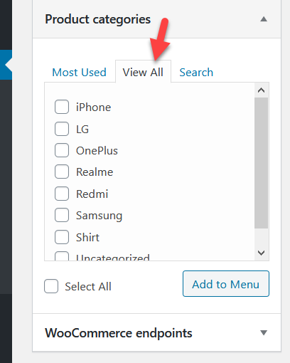 menüye WooCommerce ürün kategorileri ekleyin - tüm woocommerce kategorileri