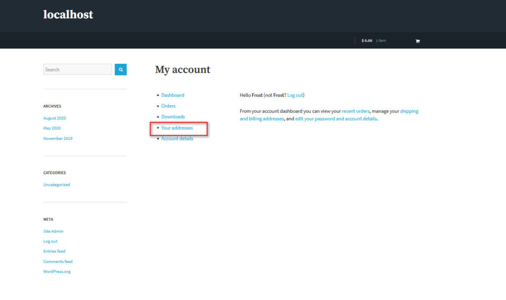 personalizați pagina contului meu woocommerce - adresele dvs