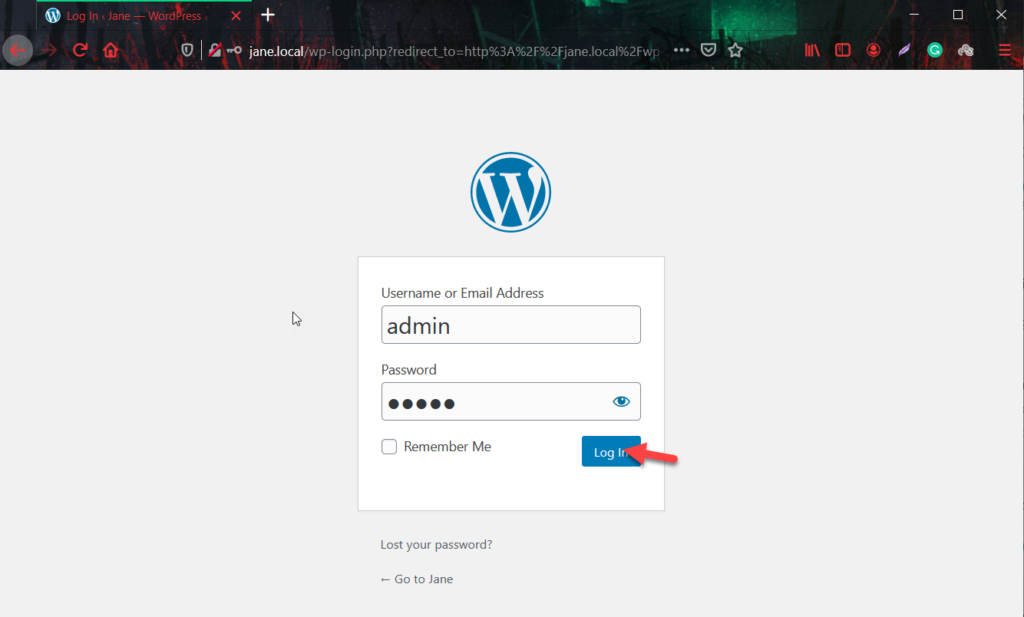 instale o wordpress localmente - faça login no wordpress