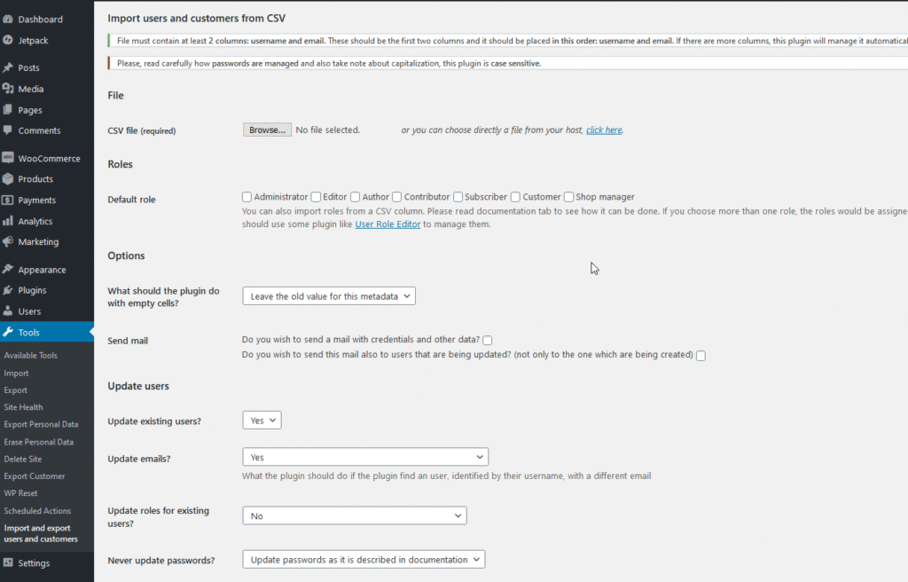 import și export clienți woocommerce - răsfoiește csv