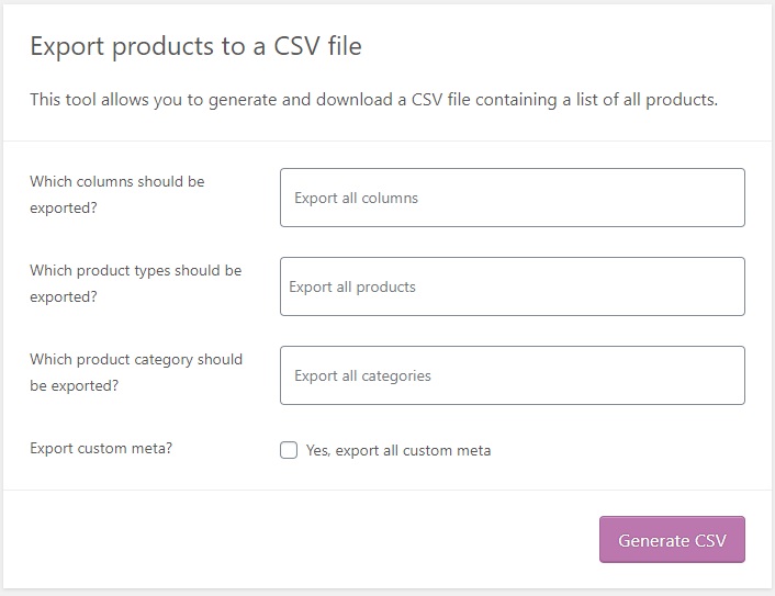 woocommerce製品をエクスポートするすべての製品をエクスポートする