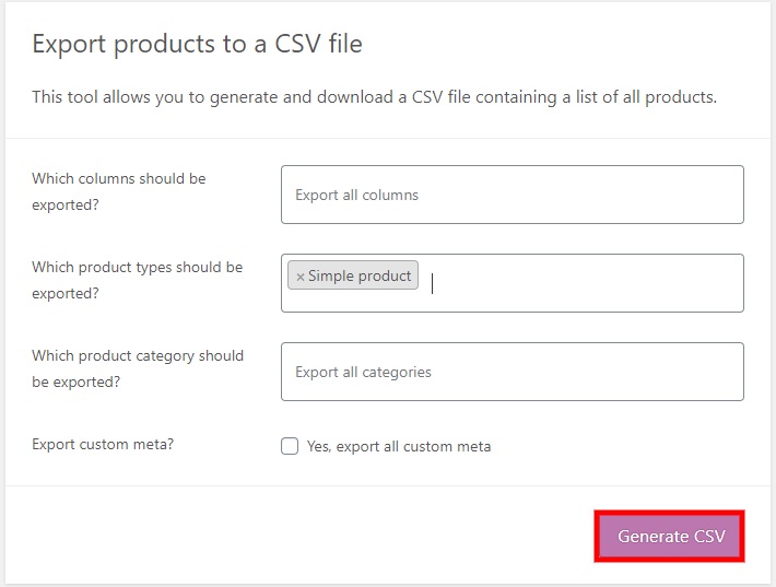 csvエクスポートwoocommerce製品を生成します