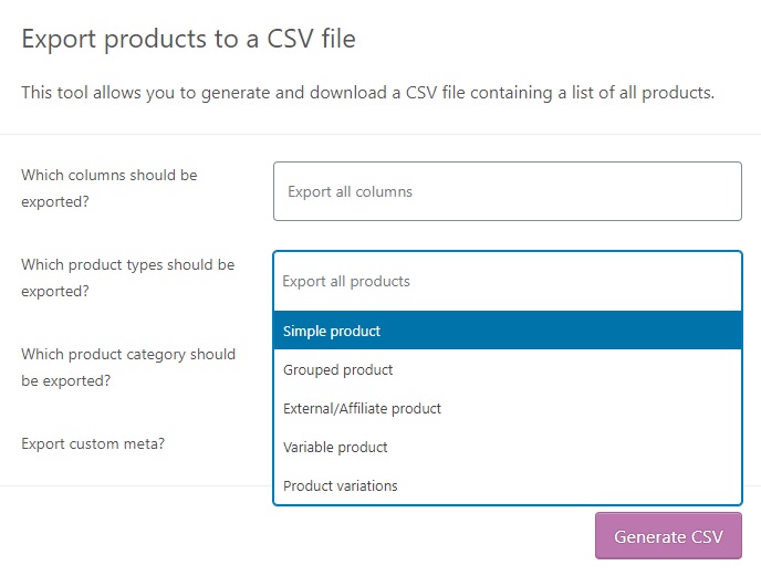 rozwijane typy produktów eksportują produkty woocommerce