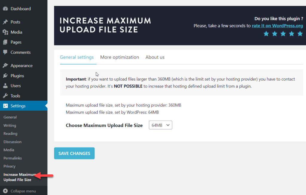 tingkatkan pengaturan plugin batas unggah file maksimum