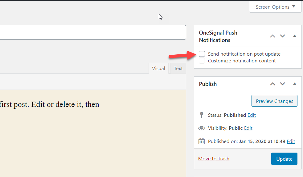 agregar notificaciones push a wordpress - enviar actualización de notificación push