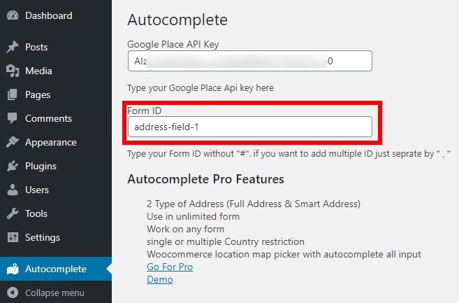 Come completare automaticamente l'indirizzo in WordPress - ID modulo