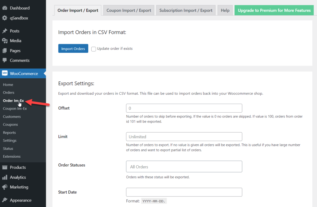 configurações de exportação de importação de pedidos