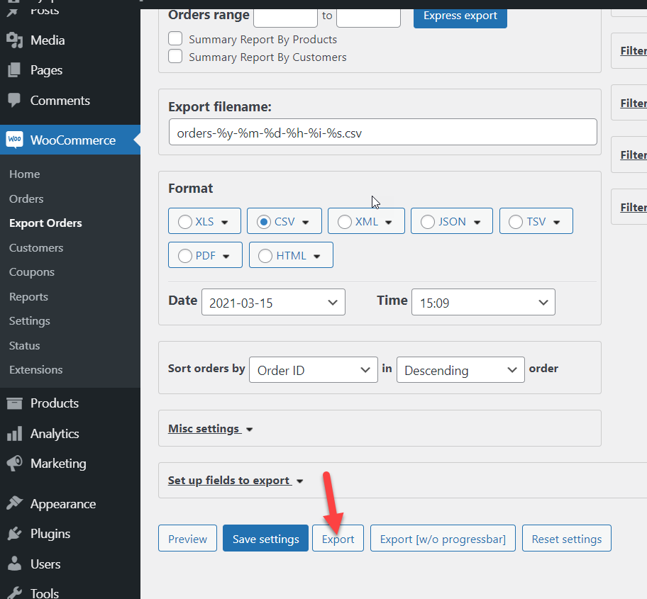 esportazione ordine woocommerce