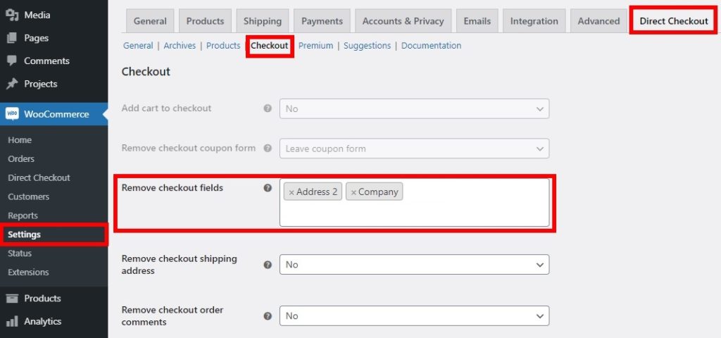 การชำระเงินโดยตรง ลบฟิลด์ ทดสอบคำสั่งซื้อ woocommerce