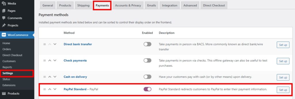 เปิดใช้งานคำสั่ง woocommerce ทดสอบมาตรฐาน paypal