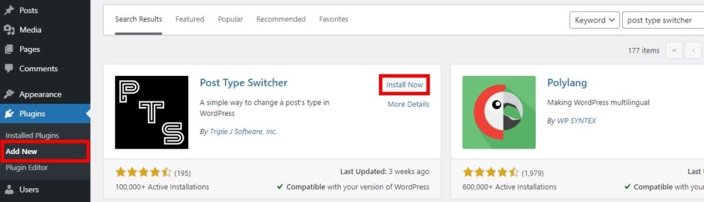 instal plugin ubah jenis posting di wordpress