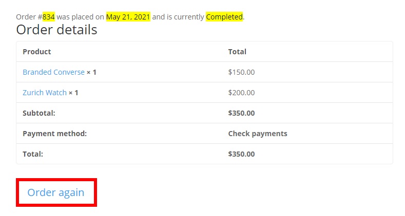 Кнопка повторного заказа по умолчанию повторяет заказы в woocommerce