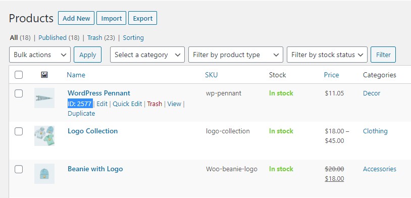 WooCommerce 제품 ID 가져오기