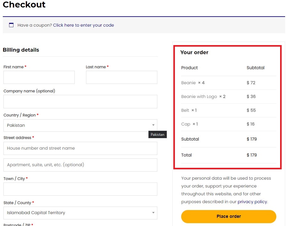 默认 WooCommerce 结帐页面