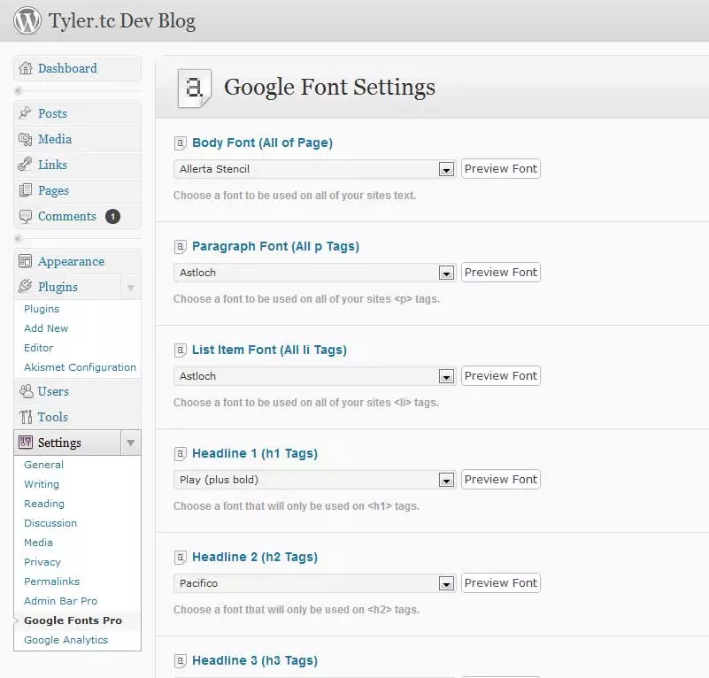 用於 WordPress 的 Google Web 字體