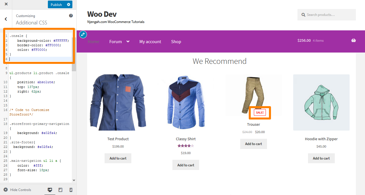 如何在销售徽章上自定义店面 WooCommerce