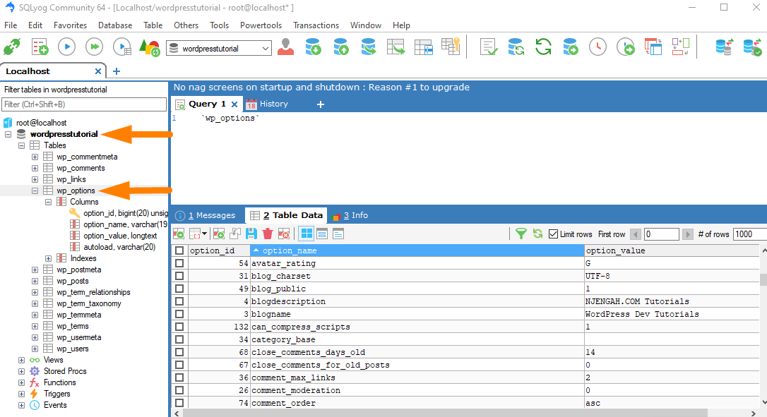 Koneksi Database WordPress melalui SQLyog