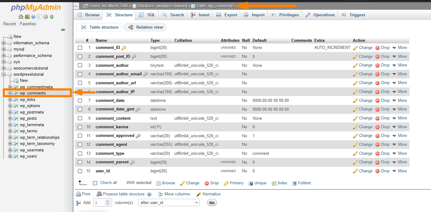 Tabel Database WordPress Default wp_comments