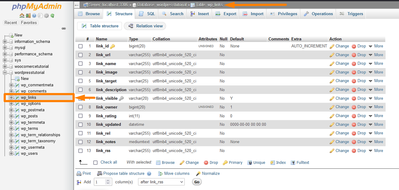 Tabel Database WordPress Default wp_links