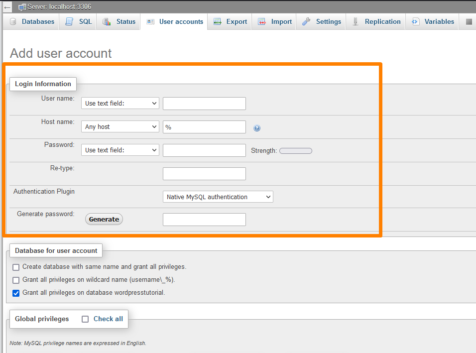 Buat Pengguna Basis Data WordPress - Menu Keistimewaan PhpMyAdmin Tambahkan Tautan Akun Pengguna