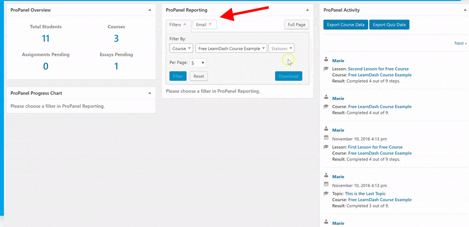 LearnDash Propanel 보고 위젯