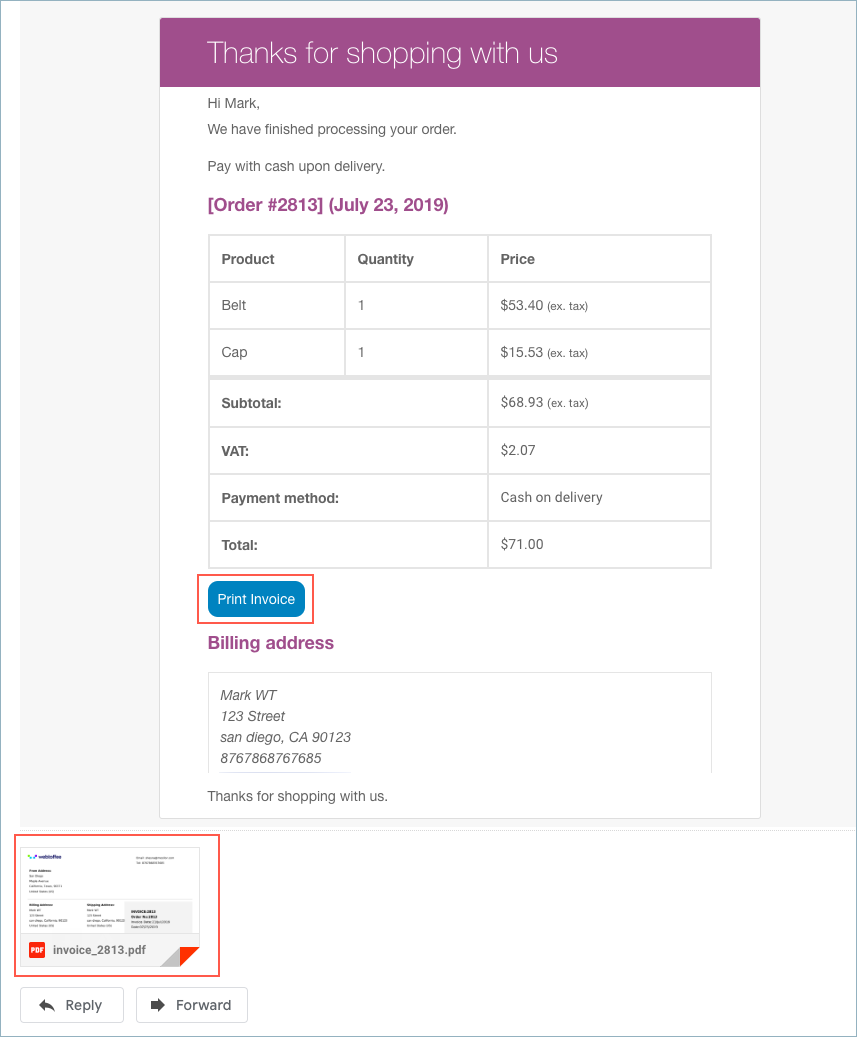 电子邮件中附加的 WooCommerce 发票