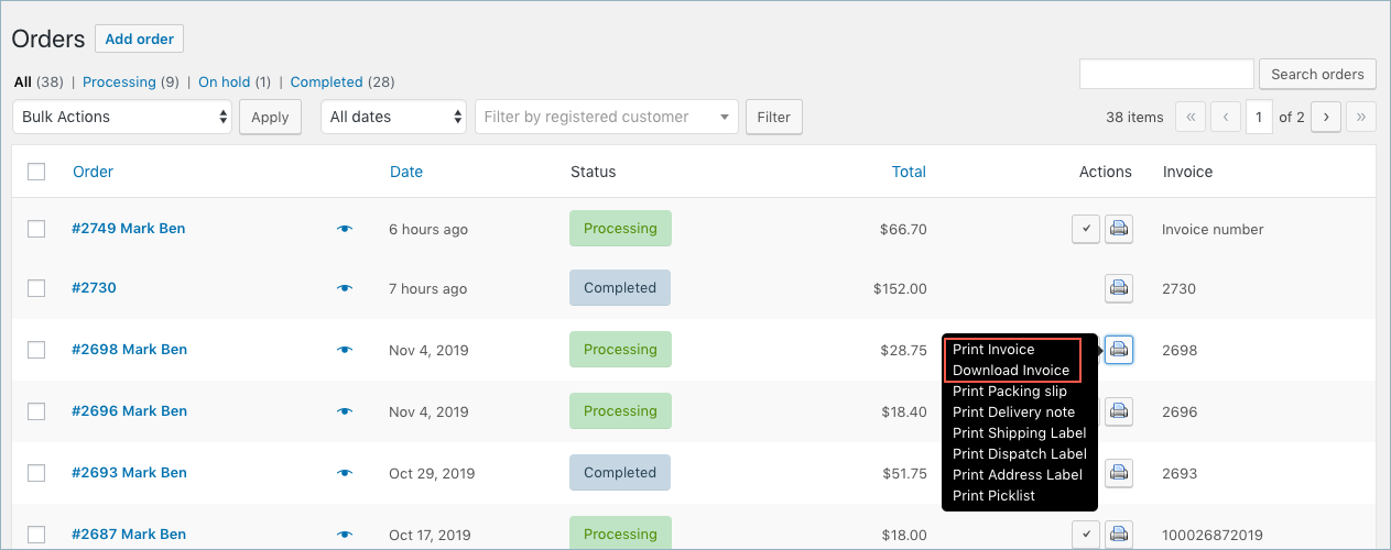 WooCommerce Order Page-Print отгрузки