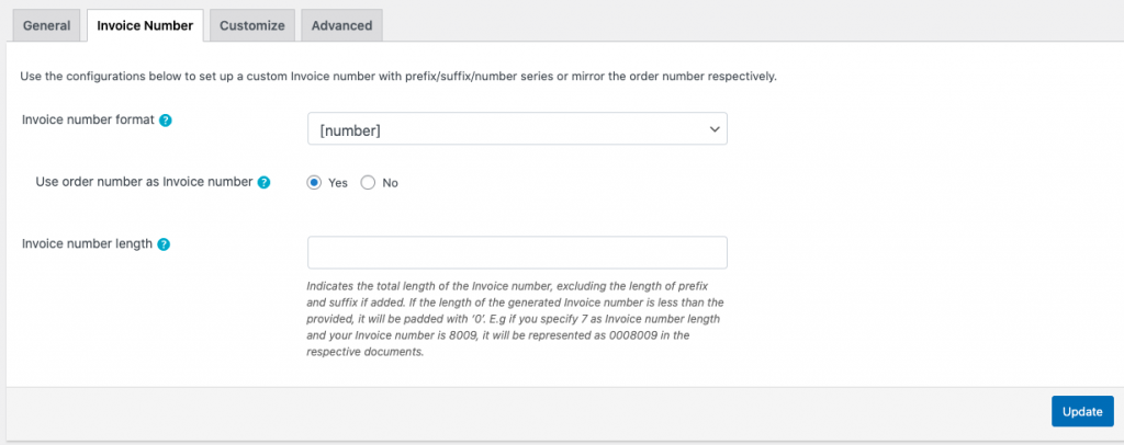 Setări pentru numerotarea facturilor