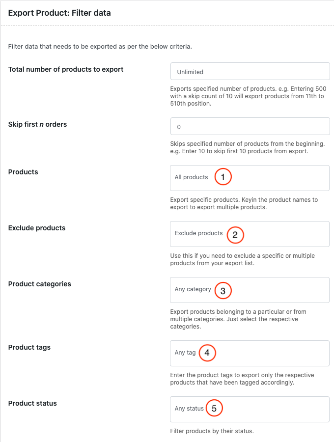 Filtros para exportar produtos selecionados